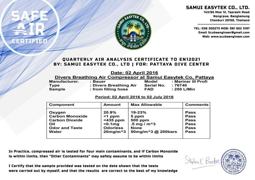 Pattaya Dive Center Safe Air Certifed By Steve Burton : Samui Easytek